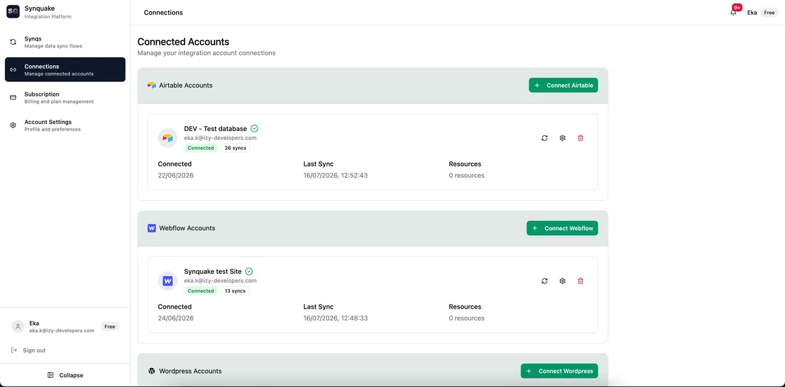 Manage your connections: Link Airtable, Webflow, WordPress and more once, and see each connection's status, how many syncs use it, and when it last synced, at a glance.